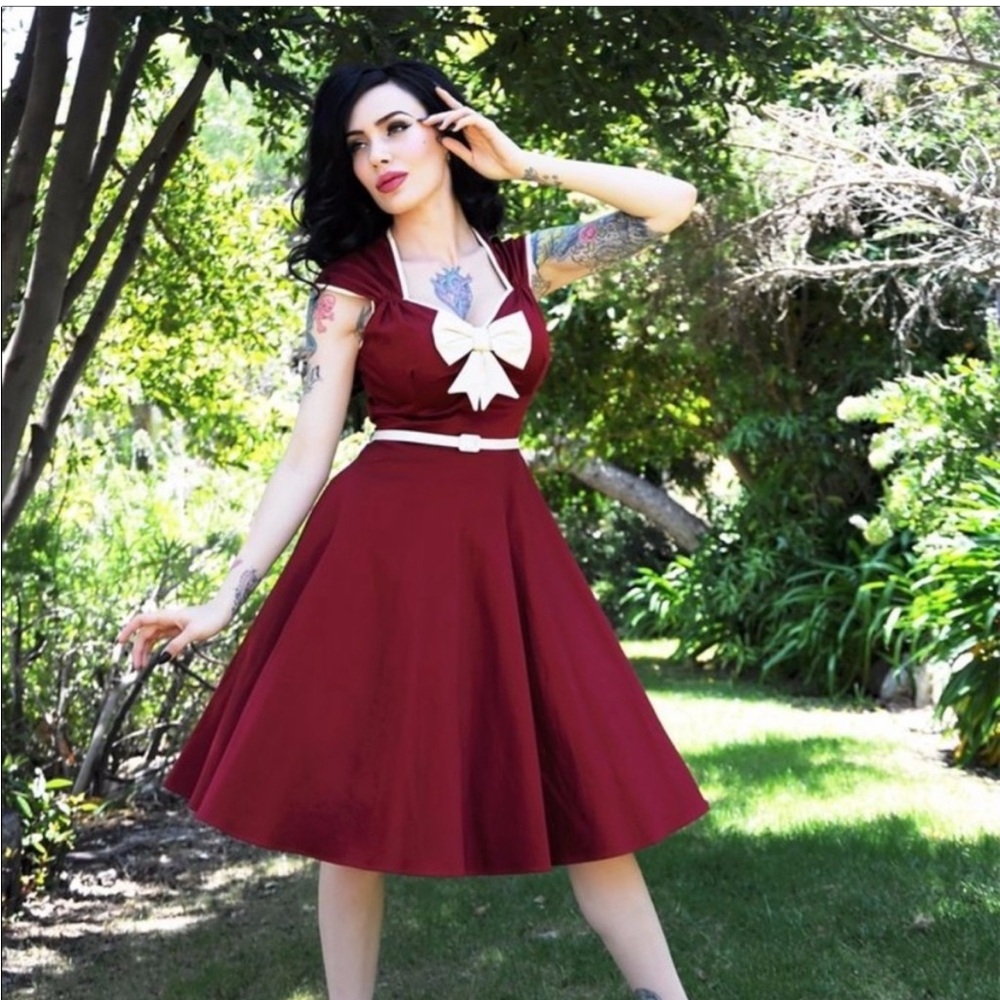 Pinup couture deep red bow front heidi dress
